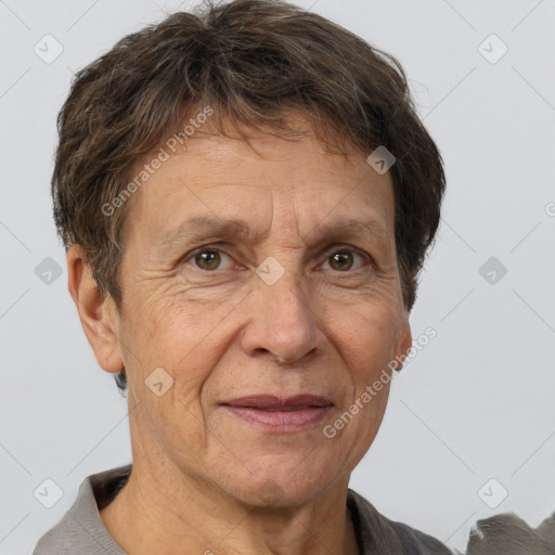 Joyful white middle-aged male with short  brown hair and brown eyes