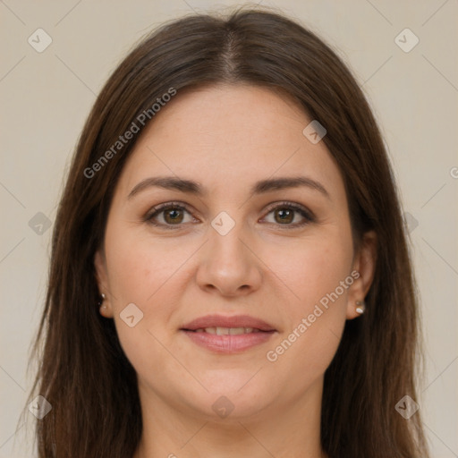 Joyful white young-adult female with long  brown hair and brown eyes