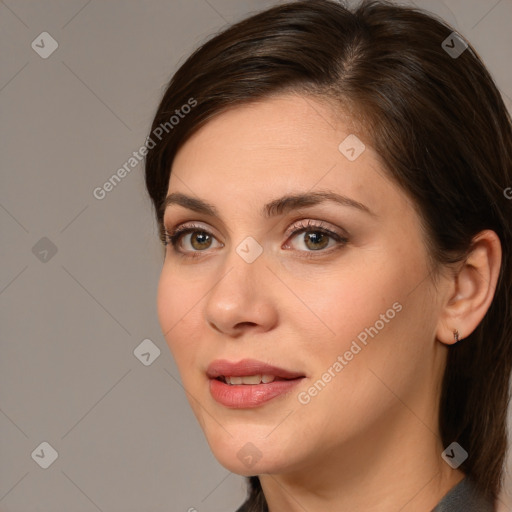 Joyful white young-adult female with medium  brown hair and brown eyes