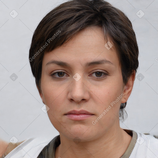 Neutral white young-adult female with short  brown hair and brown eyes