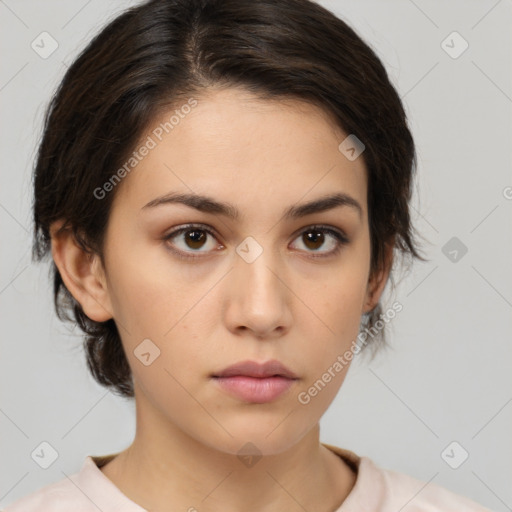 Neutral white young-adult female with medium  brown hair and brown eyes