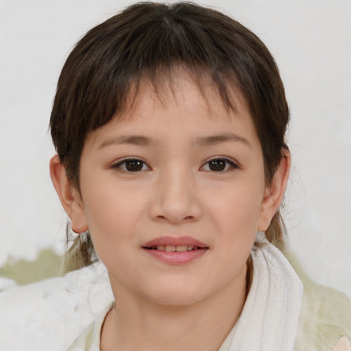 Joyful asian child female with medium  brown hair and brown eyes