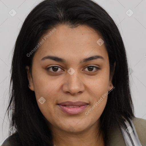 Joyful asian young-adult female with long  brown hair and brown eyes