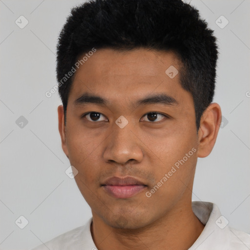 Neutral asian young-adult male with short  black hair and brown eyes