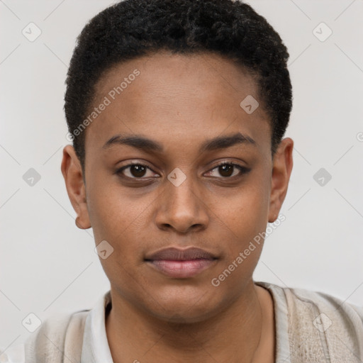 Joyful black young-adult female with short  brown hair and brown eyes