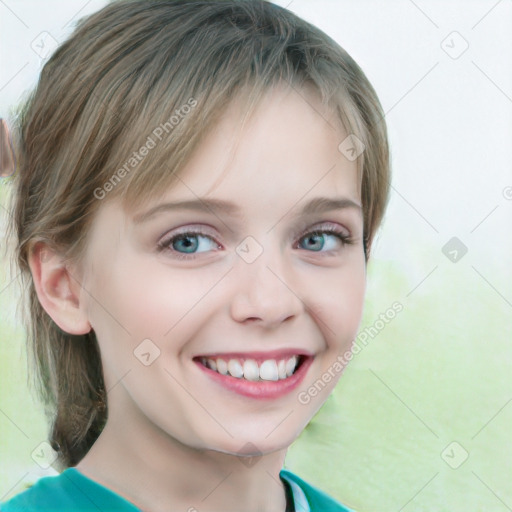 Joyful white child female with medium  brown hair and blue eyes