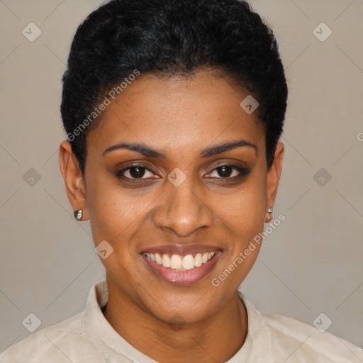 Joyful black young-adult female with short  black hair and brown eyes