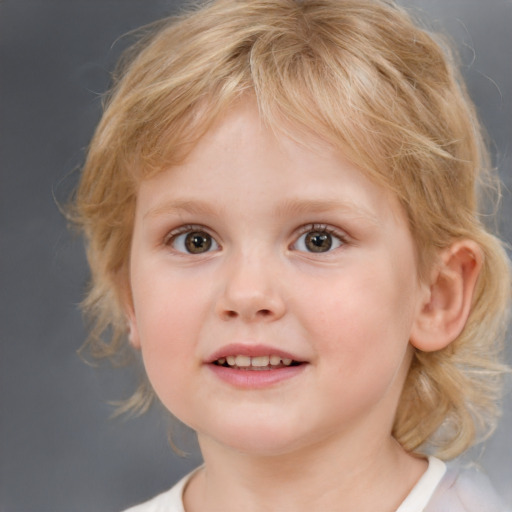 Joyful white child female with medium  brown hair and blue eyes