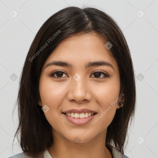 Joyful white young-adult female with medium  brown hair and brown eyes