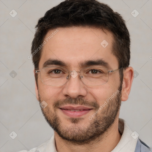 Joyful white adult male with short  brown hair and brown eyes