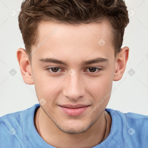 Joyful white child male with short  brown hair and brown eyes