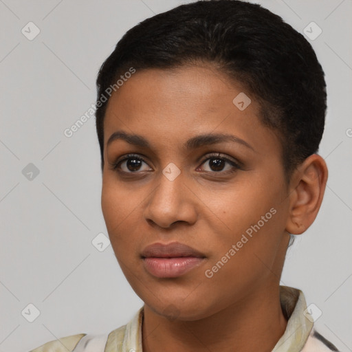 Joyful latino young-adult female with short  brown hair and brown eyes