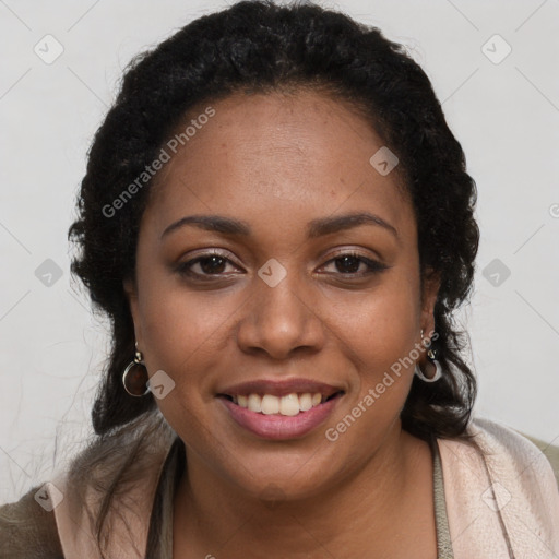 Joyful black young-adult female with long  brown hair and brown eyes