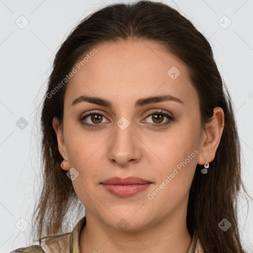 Joyful white young-adult female with long  brown hair and grey eyes