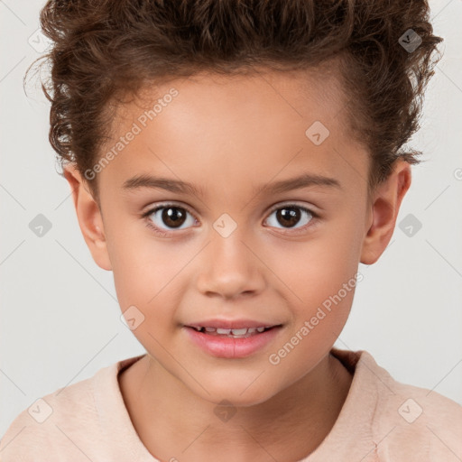 Joyful white child female with short  brown hair and brown eyes