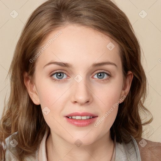 Joyful white young-adult female with medium  brown hair and blue eyes