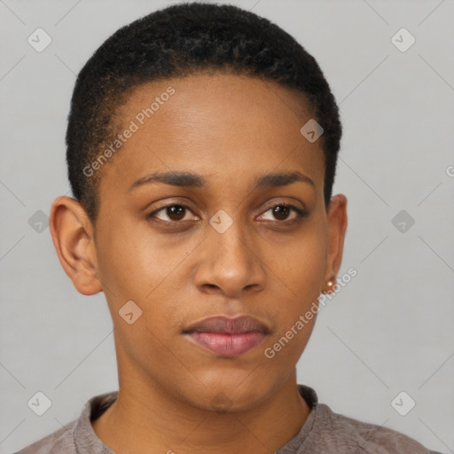 Neutral black young-adult female with short  black hair and brown eyes