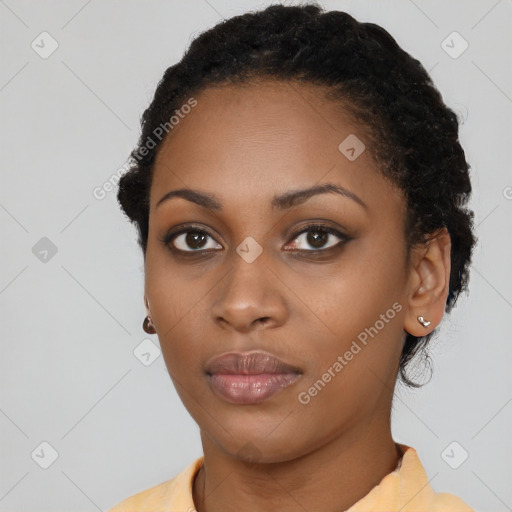 Neutral black young-adult female with short  black hair and brown eyes