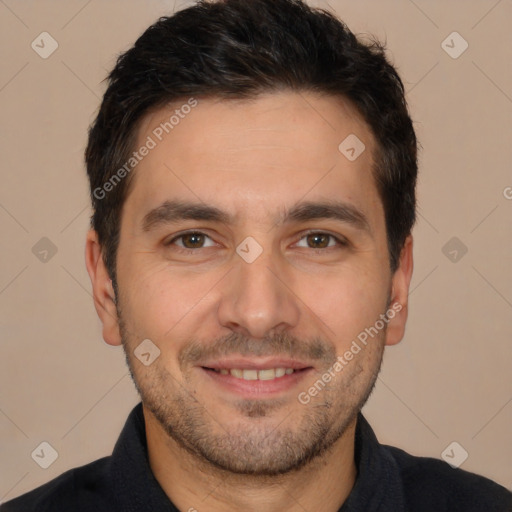 Joyful white young-adult male with short  brown hair and brown eyes