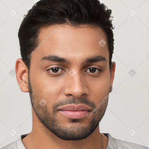 Neutral latino young-adult male with short  brown hair and brown eyes