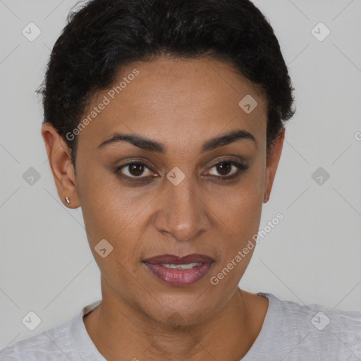 Joyful latino young-adult female with short  brown hair and brown eyes