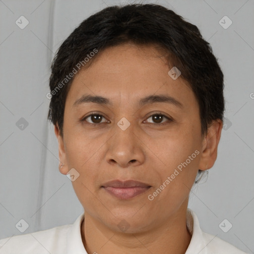 Joyful latino adult female with short  brown hair and brown eyes