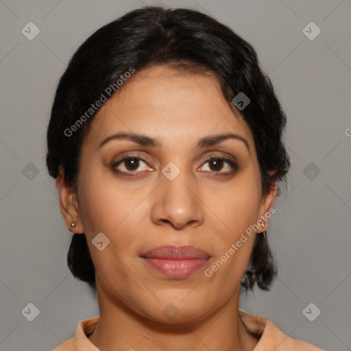 Joyful latino young-adult female with medium  brown hair and brown eyes