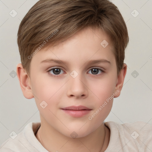 Joyful white child female with short  brown hair and brown eyes