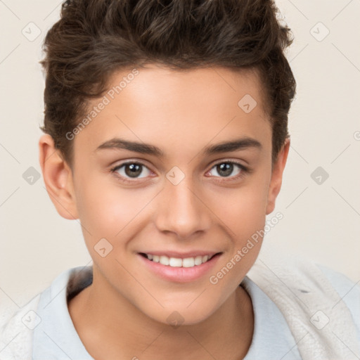 Joyful white child female with short  brown hair and brown eyes