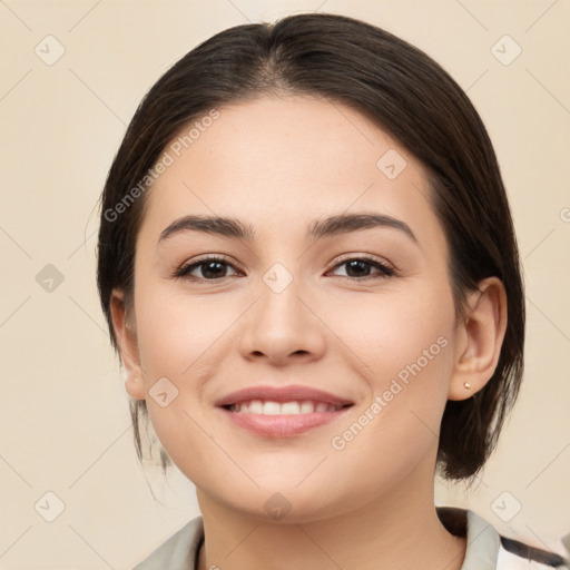 Joyful white young-adult female with medium  brown hair and brown eyes