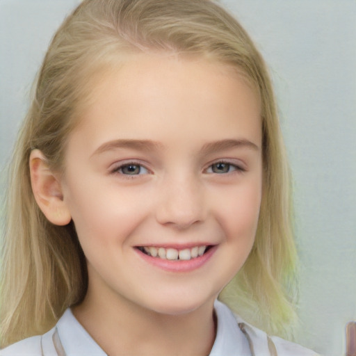 Joyful white child female with medium  brown hair and blue eyes