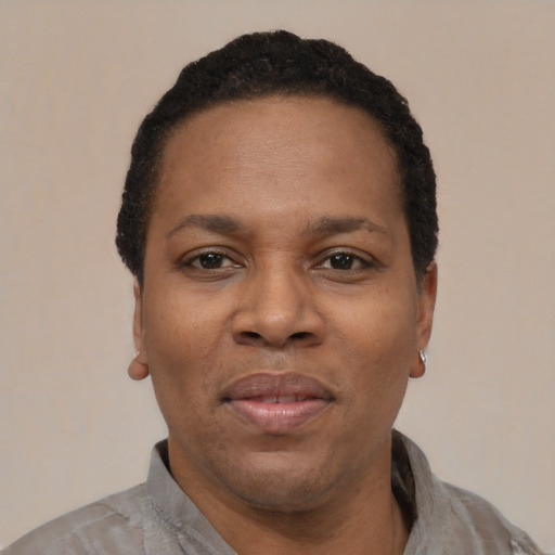 Joyful latino adult female with short  black hair and brown eyes