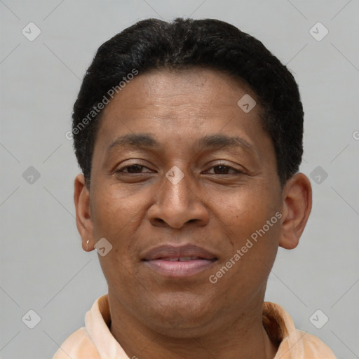 Joyful latino adult male with short  brown hair and brown eyes