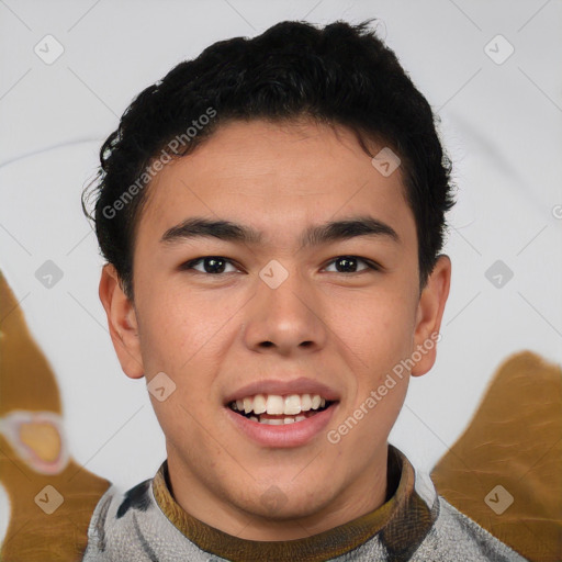 Joyful latino young-adult male with short  brown hair and brown eyes