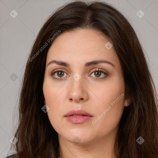 Neutral white young-adult female with long  brown hair and brown eyes