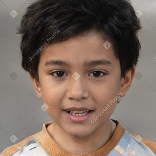 Joyful white child male with short  brown hair and brown eyes