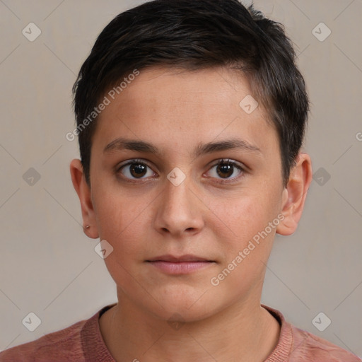 Neutral white young-adult female with short  brown hair and brown eyes