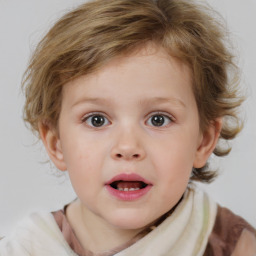 Joyful white child female with medium  brown hair and blue eyes