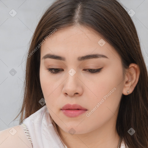 Neutral white young-adult female with long  brown hair and brown eyes