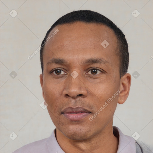 Neutral black adult male with short  black hair and brown eyes