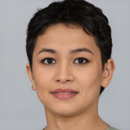 Joyful asian young-adult female with short  brown hair and brown eyes