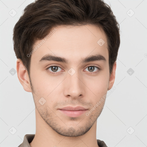 Neutral white young-adult male with short  brown hair and brown eyes