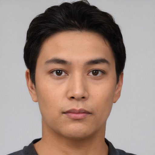 Neutral asian young-adult male with short  black hair and brown eyes