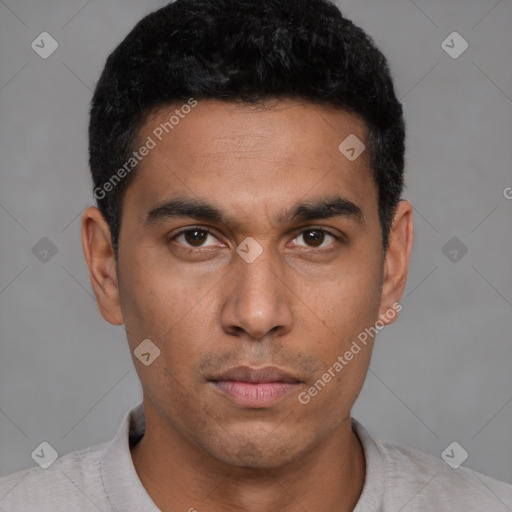 Neutral latino young-adult male with short  black hair and brown eyes