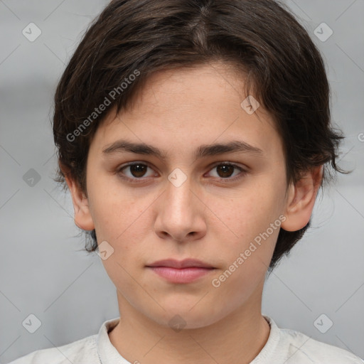 Neutral white young-adult female with medium  brown hair and brown eyes