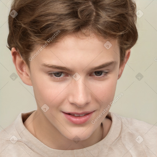 Joyful white child female with short  brown hair and brown eyes