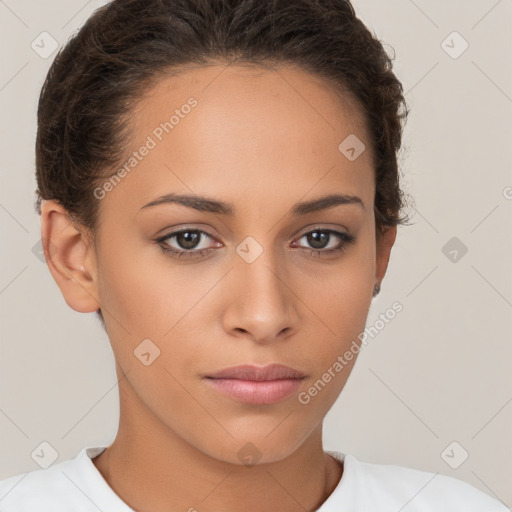 Neutral white young-adult female with short  brown hair and brown eyes