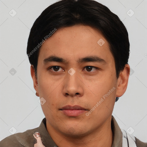 Neutral asian young-adult male with short  black hair and brown eyes