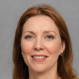 Joyful white adult female with medium  brown hair and grey eyes