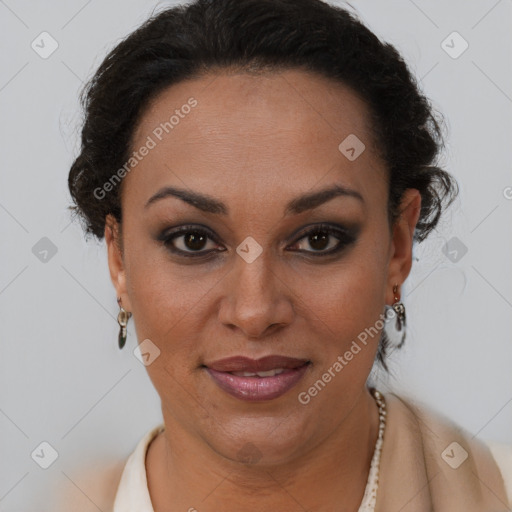 Joyful latino young-adult female with short  brown hair and brown eyes